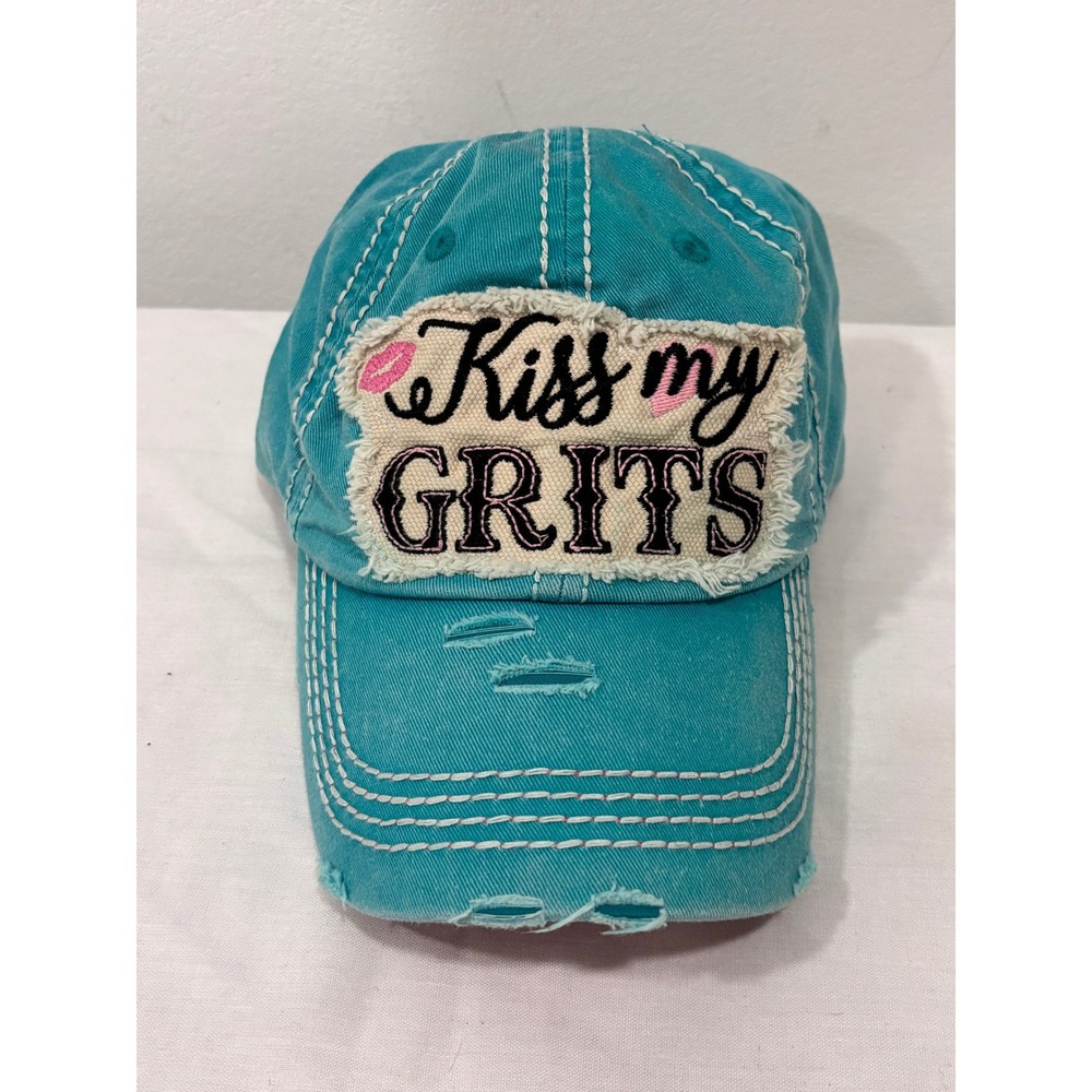 KBETHOS Vintage Kiss My Grits Distressed Baseball Cap Hat Teal Blue Pink